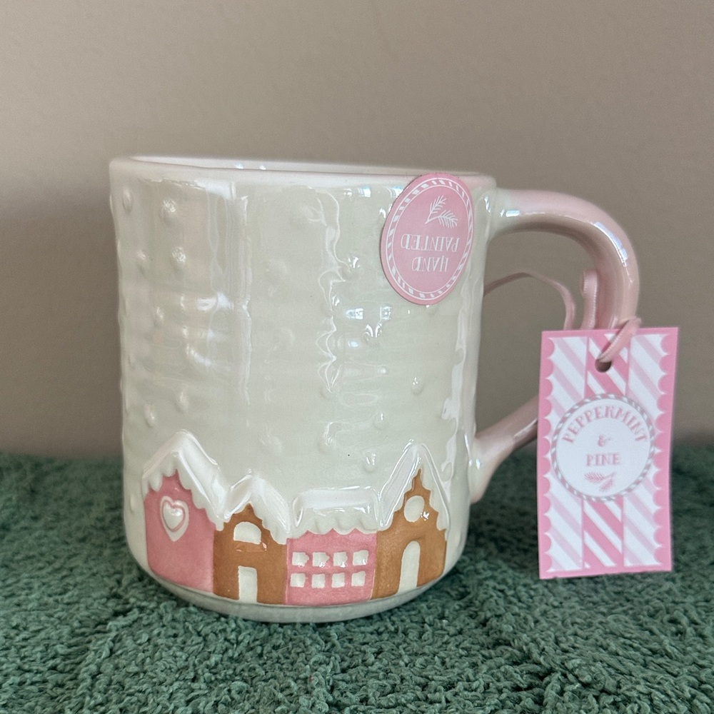 Peppermint & Pine Holiday Christmas Gingerbread House Mug Ivory Pink NEW!